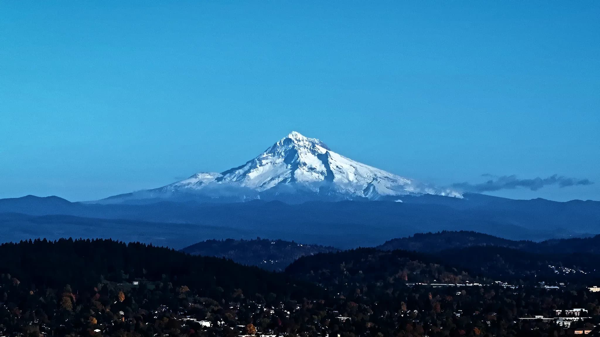 Mount Hood above the treeline at dusk