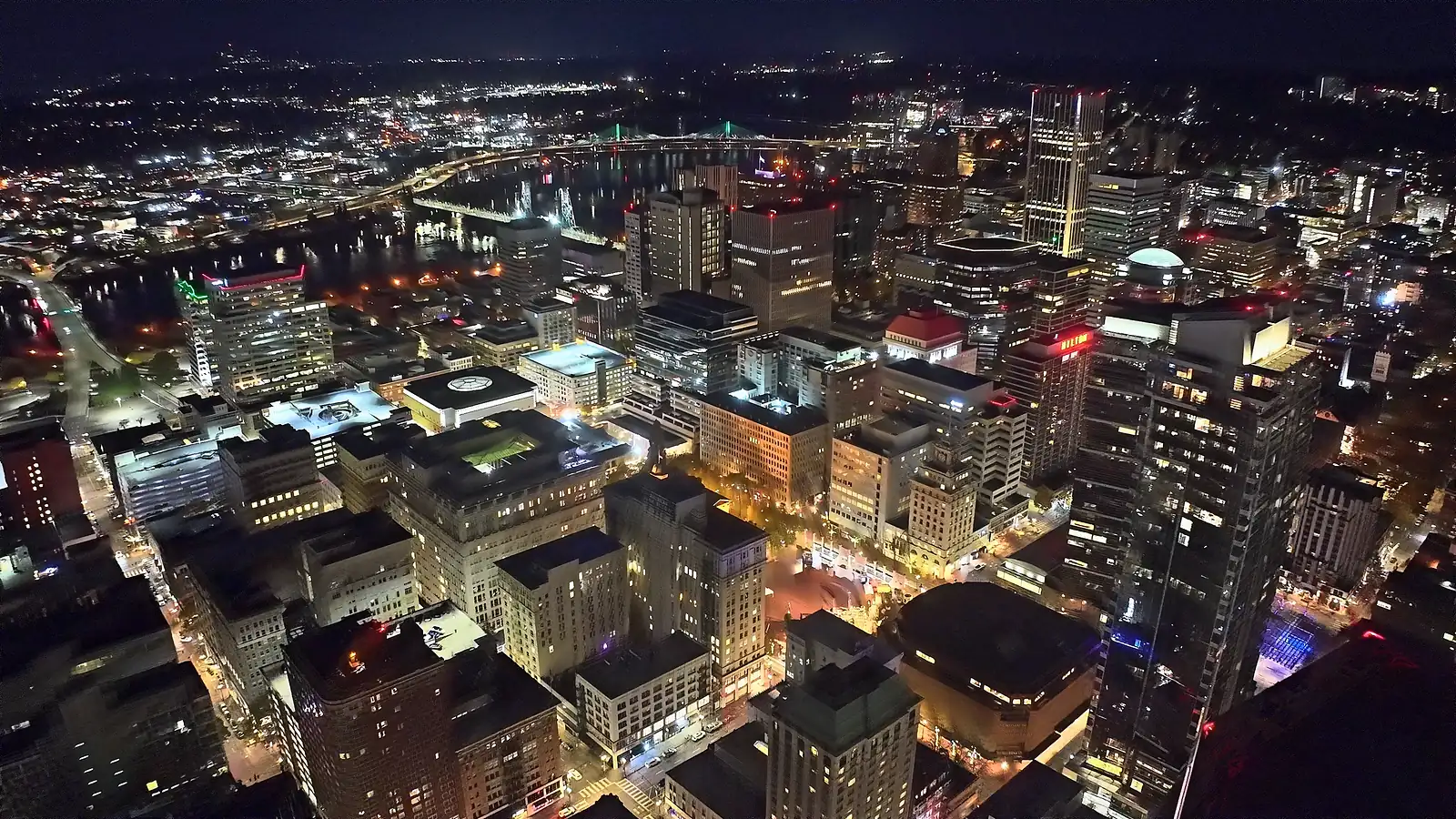 Aerial view of downtown Portland lit at night