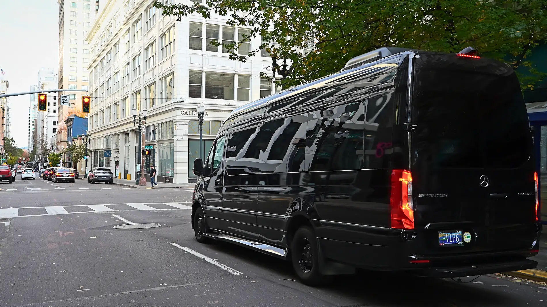 Sprinter Jet Limousine on a downtown Portland street