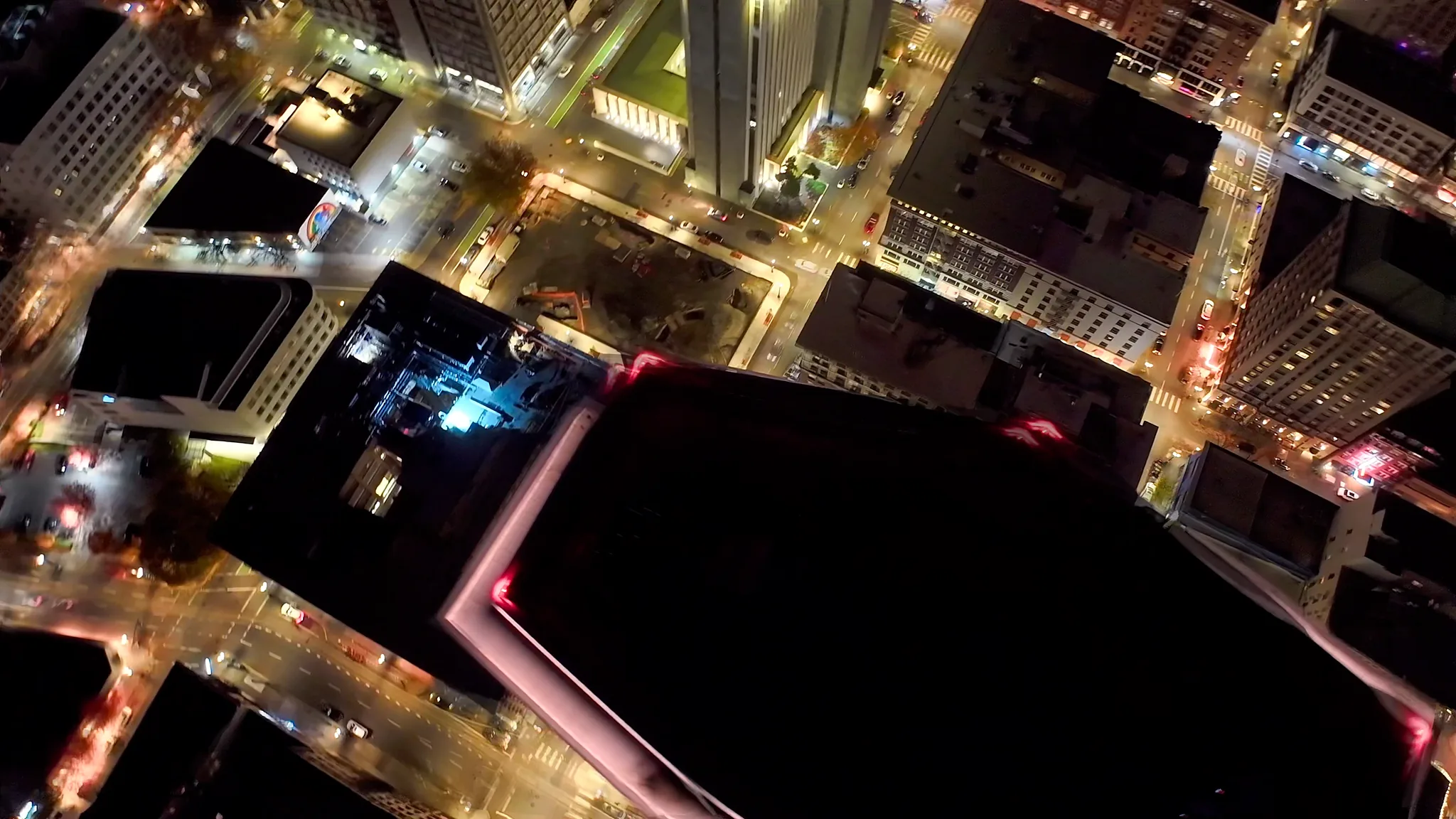 Aerial night view of the Moda Center arena and surrounding Rose Quarter streets in Portland